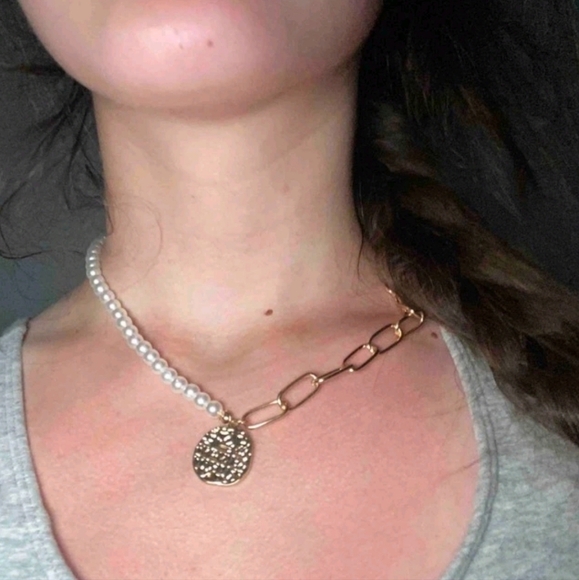 💖 2/$30 faux pearl gold chunky chain link mixed necklace Gold coin pendant - Picture 11 of 16